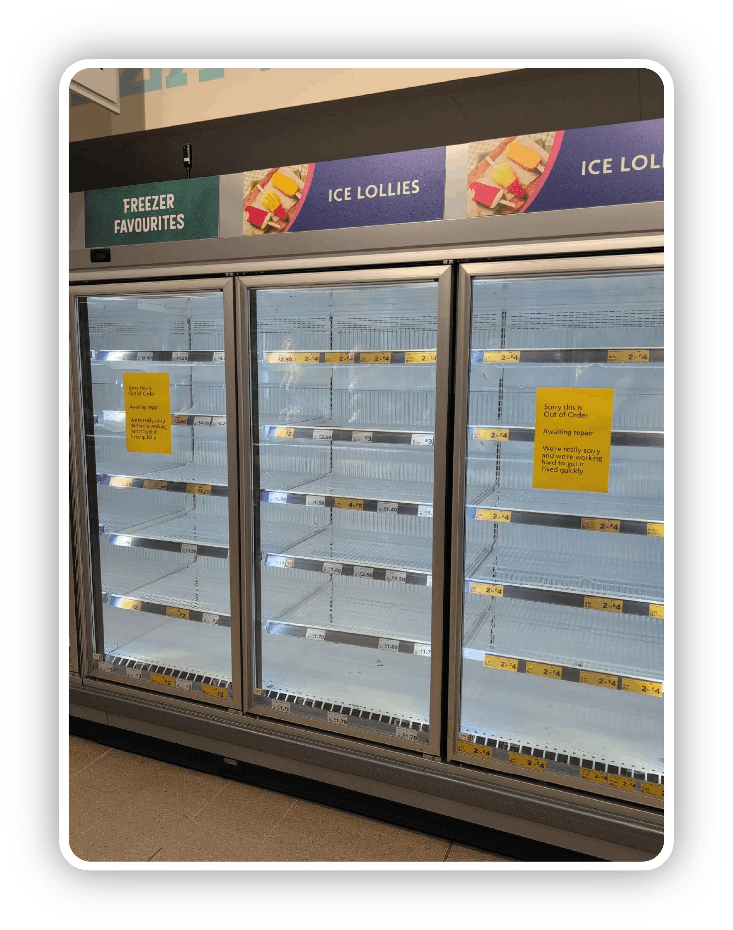 Empty ice lolly freezers in a UK supermarket